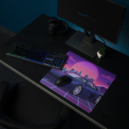 Ferrari F355 Inspired Blue Purple Vaporwave Gaming Mouse Pad, Neon Retro Sunset City Desk Mat with Futuristic Supercar Artwork