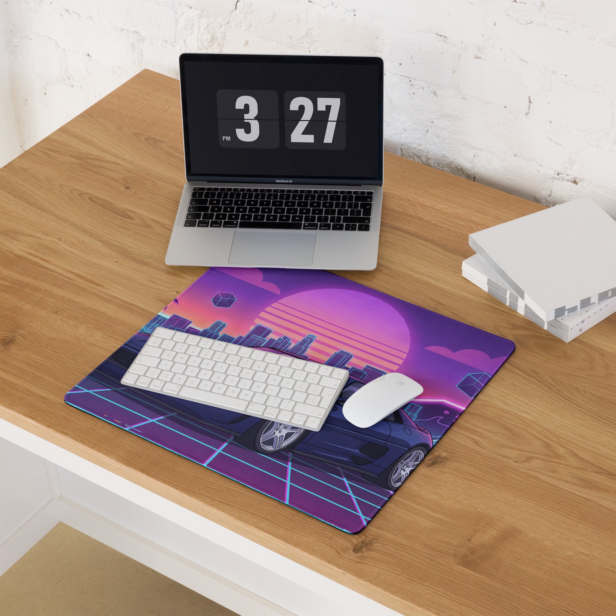 Ferrari F355 Inspired Blue Purple Vaporwave Gaming Mouse Pad, Neon Retro Sunset City Desk Mat with Futuristic Supercar Artwork