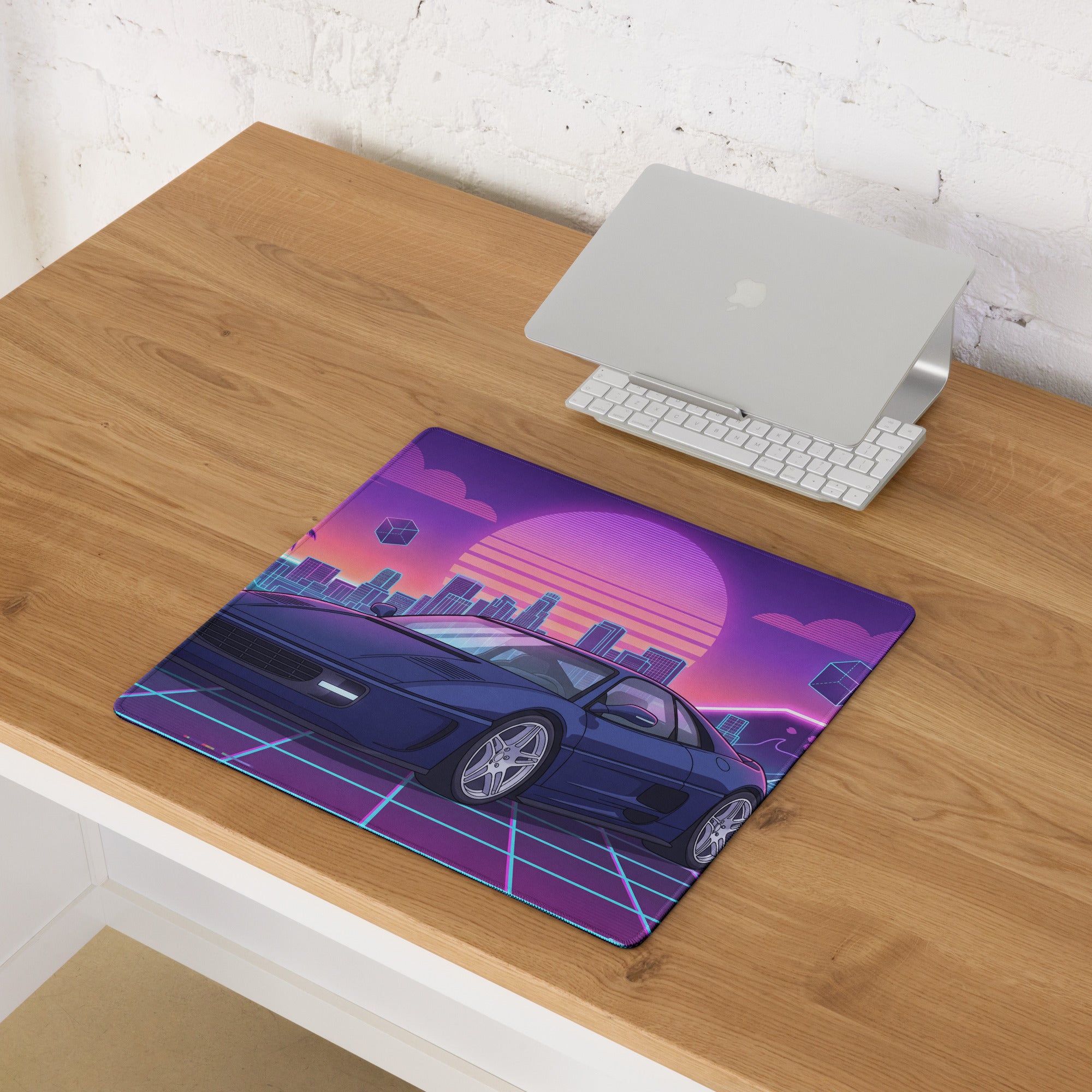 Ferrari F355 Inspired Blue Purple Vaporwave Gaming Mouse Pad, Neon Retro Sunset City Desk Mat with Futuristic Supercar Artwork