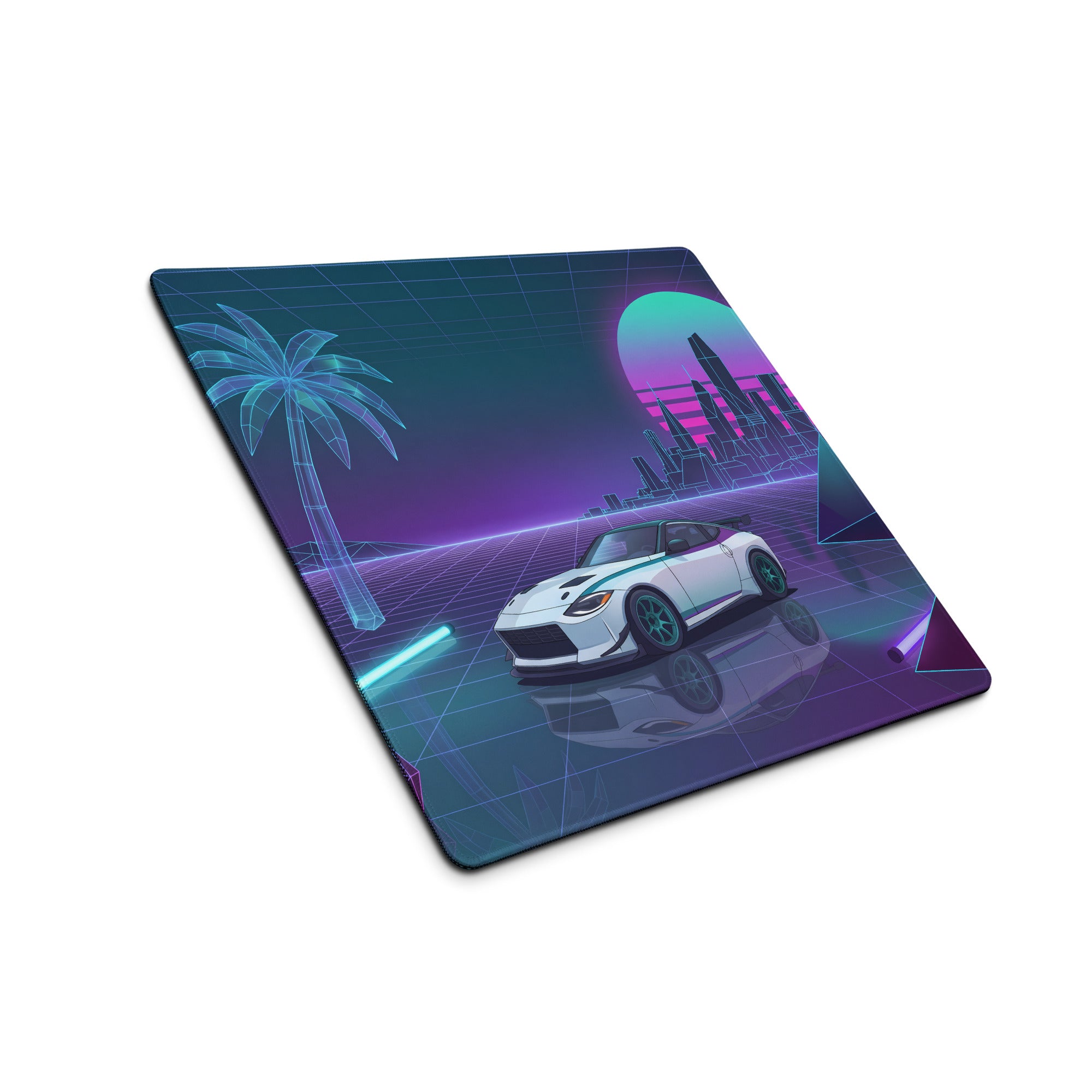 Nissan Z RZ34 Inspired White Vaporwave Gaming Mouse Pad, Neon JDM Sports Car Desk Mat with Retro Futuristic City Grid Art