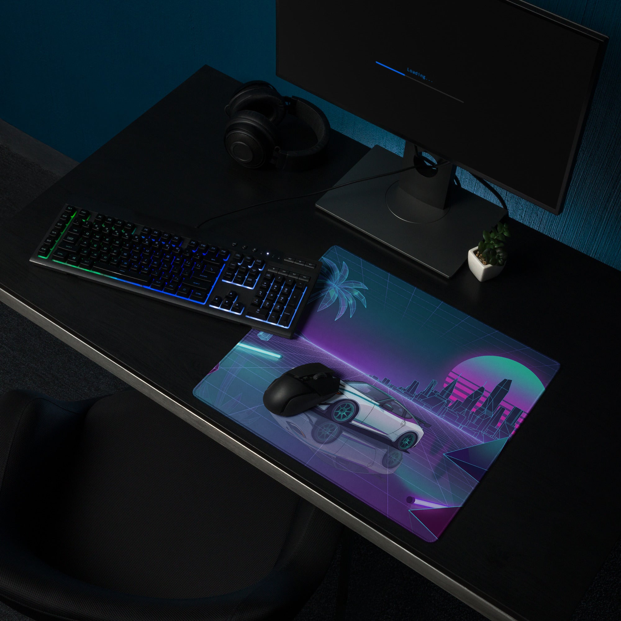 Nissan Z RZ34 Inspired White Vaporwave Gaming Mouse Pad, Neon JDM Sports Car Desk Mat with Retro Futuristic City Grid Art
