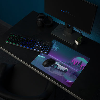 Nissan Z RZ34 Inspired White Vaporwave Gaming Mouse Pad, Neon JDM Sports Car Desk Mat with Retro Futuristic City Grid Art
