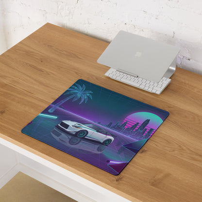 Nissan Z RZ34 Inspired White Vaporwave Gaming Mouse Pad, Neon JDM Sports Car Desk Mat with Retro Futuristic City Grid Art