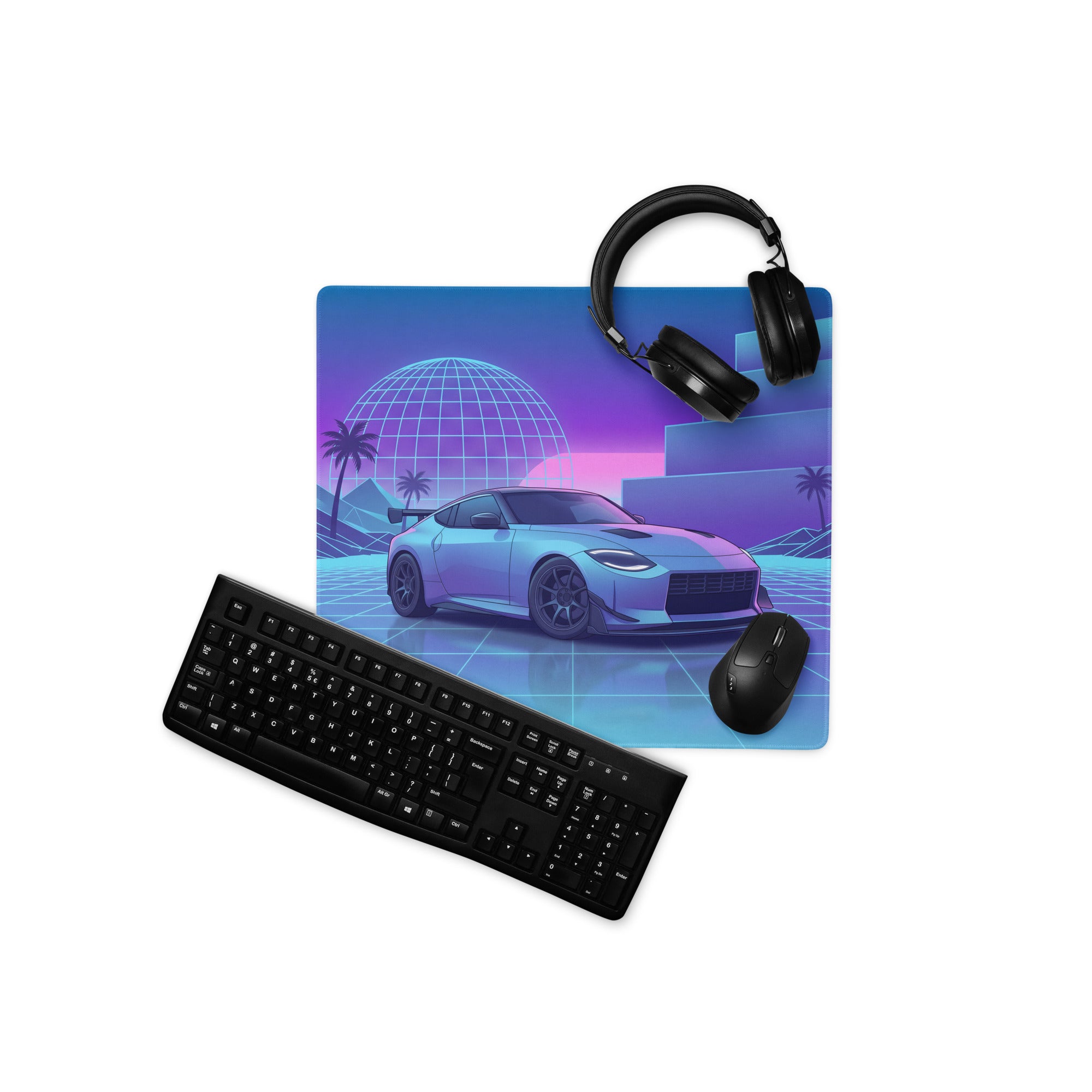 Nissan Z RZ34 Inspired Blue Vaporwave Gaming Mouse Pad, Neon JDM Sports Car Desk Mat with Retro Futuristic Grid Landscape Art