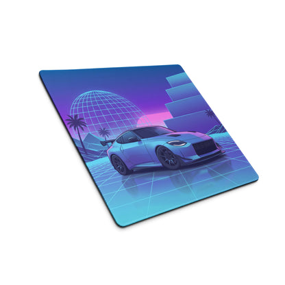 Nissan Z RZ34 Inspired Blue Vaporwave Gaming Mouse Pad, Neon JDM Sports Car Desk Mat with Retro Futuristic Grid Landscape Art