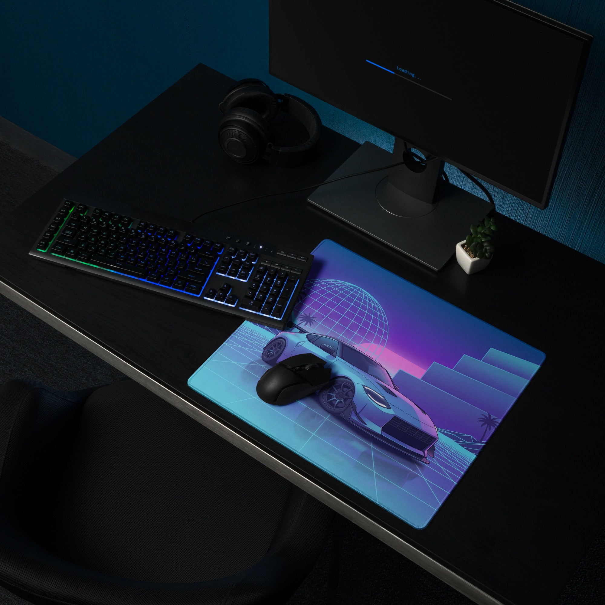 Nissan Z RZ34 Inspired Blue Vaporwave Gaming Mouse Pad, Neon JDM Sports Car Desk Mat with Retro Futuristic Grid Landscape Art