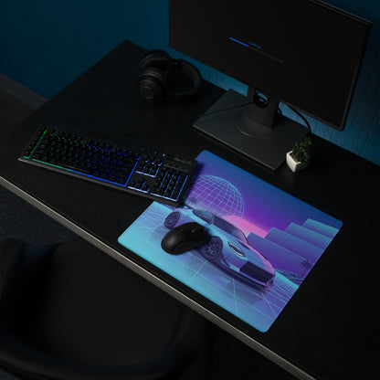 Nissan Z RZ34 Inspired Blue Vaporwave Gaming Mouse Pad, Neon JDM Sports Car Desk Mat with Retro Futuristic Grid Landscape Art