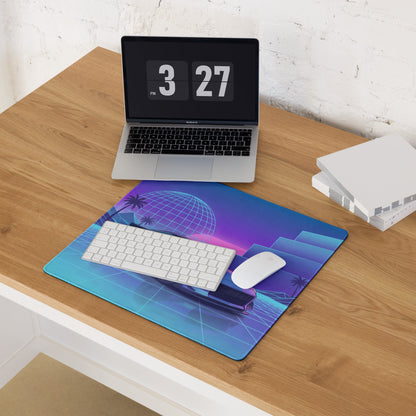 Nissan Z RZ34 Inspired Blue Vaporwave Gaming Mouse Pad, Neon JDM Sports Car Desk Mat with Retro Futuristic Grid Landscape Art