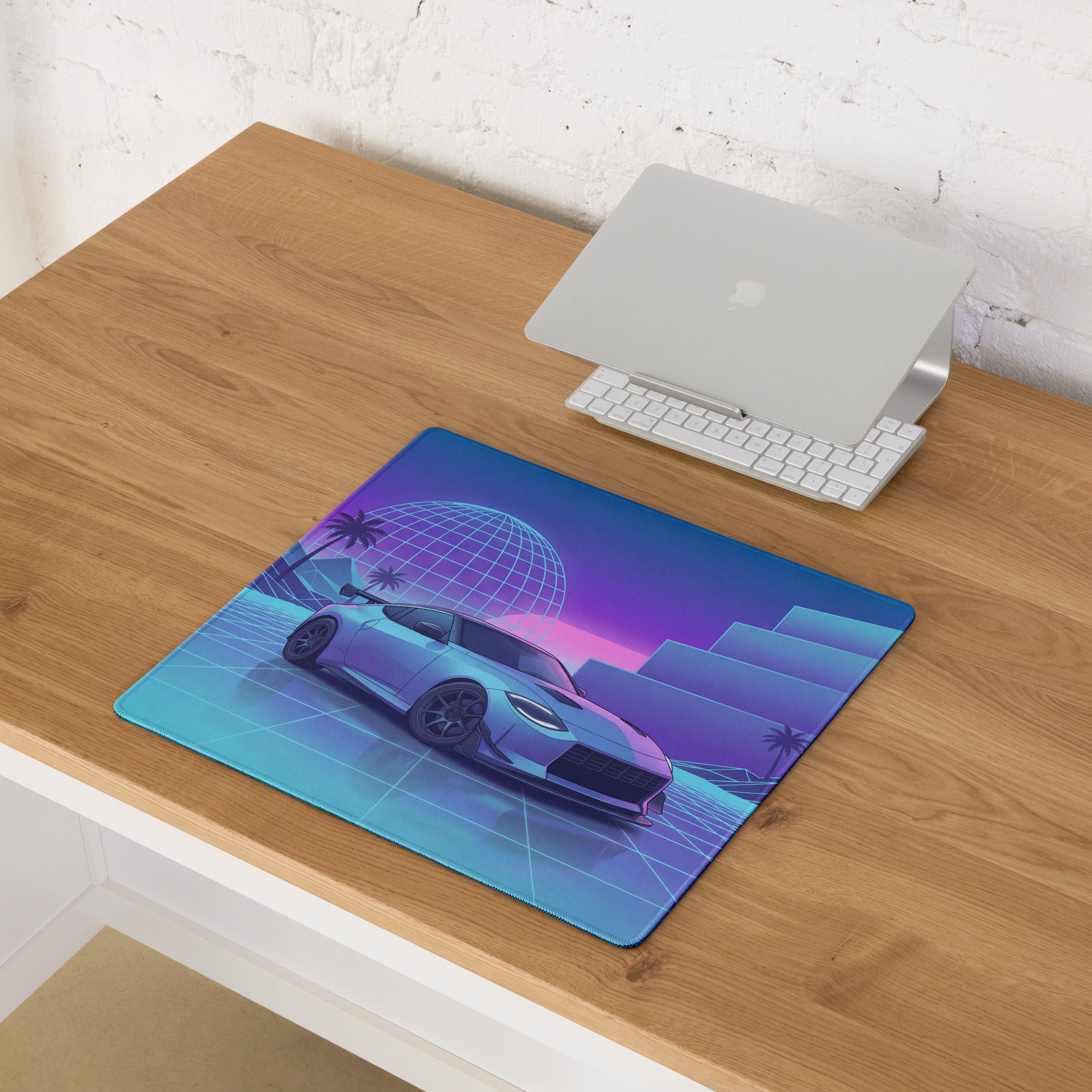 Nissan Z RZ34 Inspired Blue Vaporwave Gaming Mouse Pad, Neon JDM Sports Car Desk Mat with Retro Futuristic Grid Landscape Art