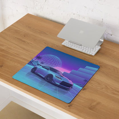 Nissan Z RZ34 Inspired Blue Vaporwave Gaming Mouse Pad, Neon JDM Sports Car Desk Mat with Retro Futuristic Grid Landscape Art