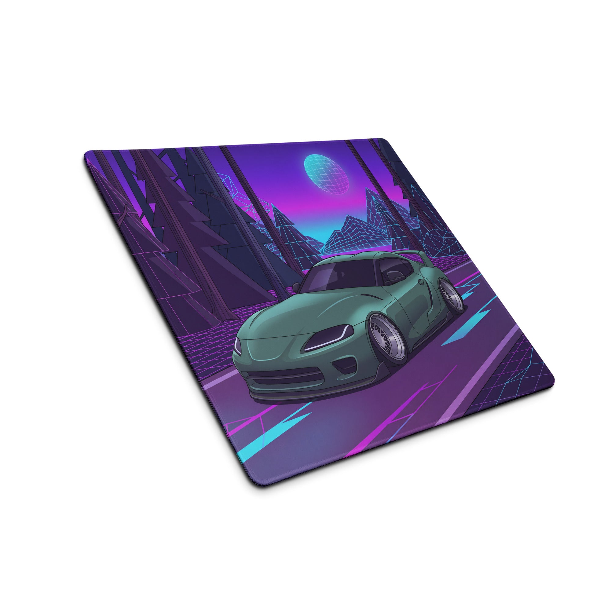 Toyota Supra MK5 Inspired Green Vaporwave Gaming Mouse Pad, Neon JDM Sports Car Desk Mat with Retro Futuristic Forest Grid Art