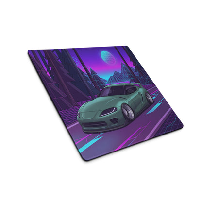 Toyota Supra MK5 Inspired Green Vaporwave Gaming Mouse Pad, Neon JDM Sports Car Desk Mat with Retro Futuristic Forest Grid Art