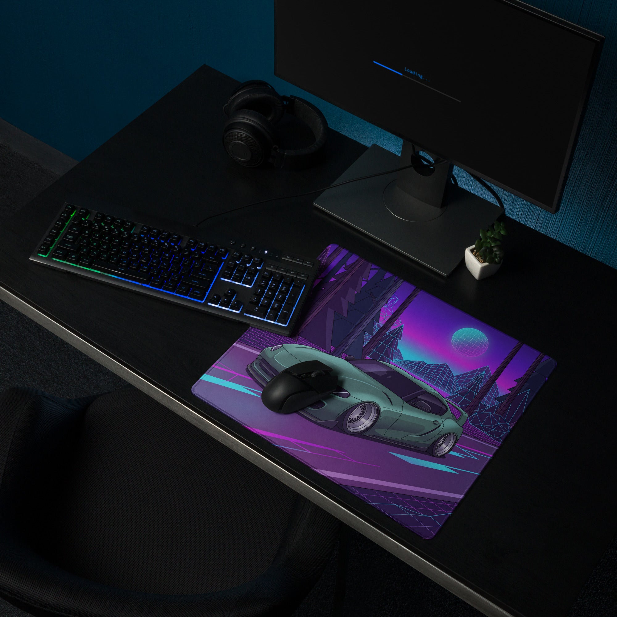 Toyota Supra MK5 Inspired Green Vaporwave Gaming Mouse Pad, Neon JDM Sports Car Desk Mat with Retro Futuristic Forest Grid Art