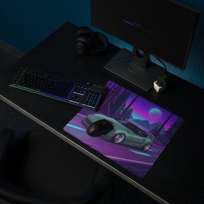 Toyota Supra MK5 Inspired Green Vaporwave Gaming Mouse Pad, Neon JDM Sports Car Desk Mat with Retro Futuristic Forest Grid Art