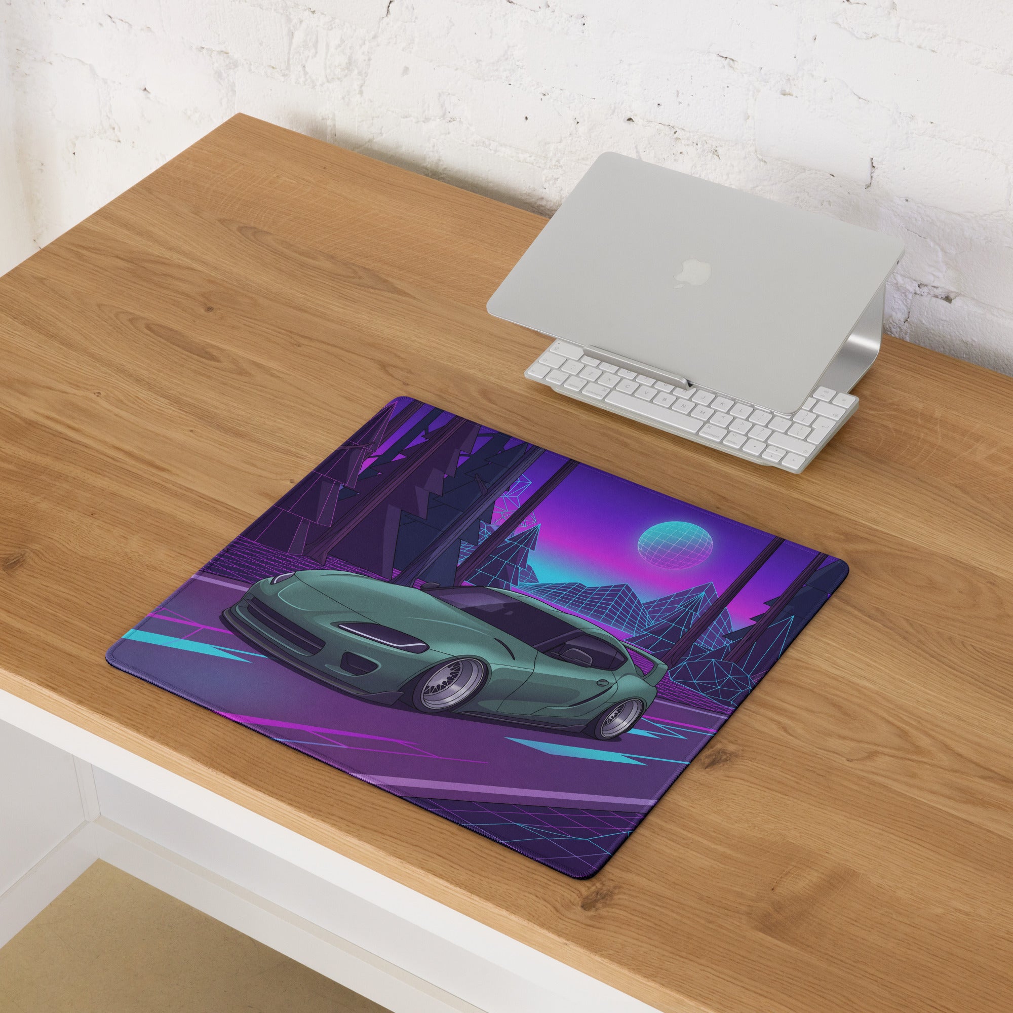 Toyota Supra MK5 Inspired Green Vaporwave Gaming Mouse Pad, Neon JDM Sports Car Desk Mat with Retro Futuristic Forest Grid Art