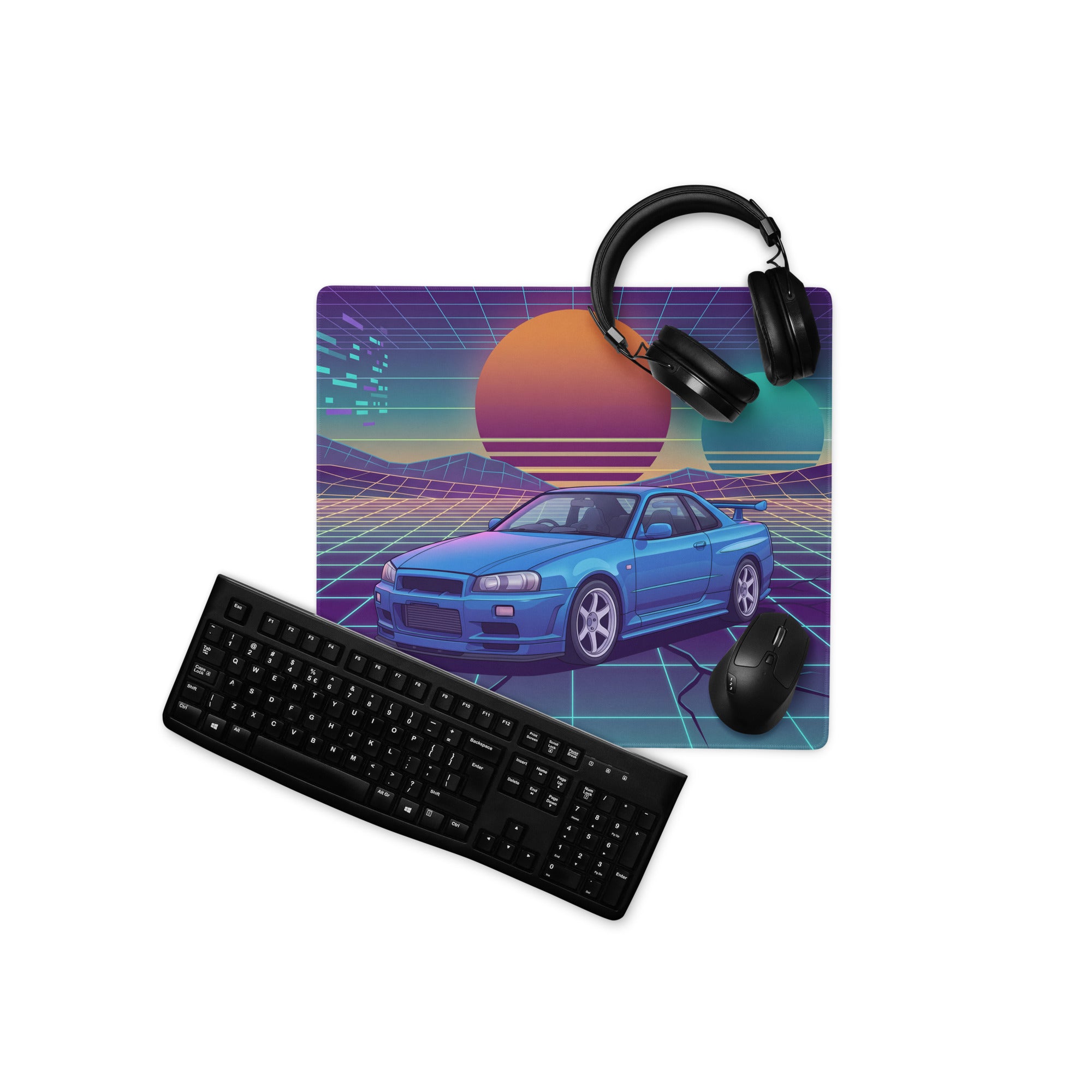 Nissan Skyline GT-R R34 Inspired Blue Vaporwave Gaming Mouse Pad, Neon JDM Sports Car Desk Mat with Retro Futuristic Grid Sunset Art