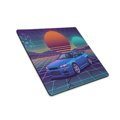 Nissan Skyline GT-R R34 Inspired Blue Vaporwave Gaming Mouse Pad, Neon JDM Sports Car Desk Mat with Retro Futuristic Grid Sunset Art