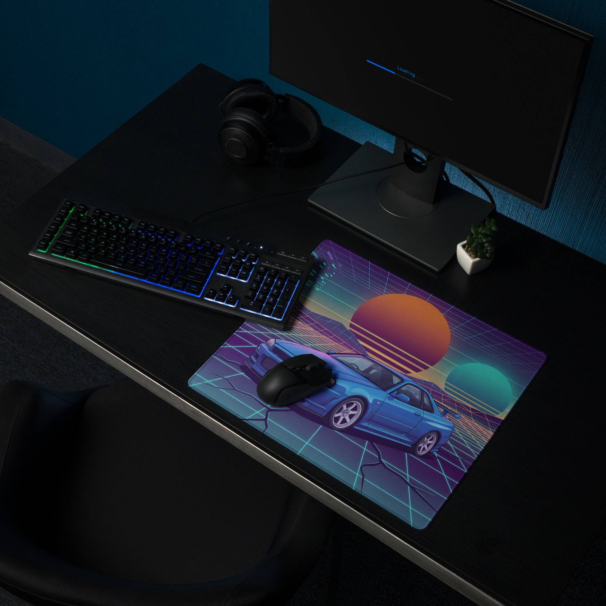 Nissan Skyline GT-R R34 Inspired Blue Vaporwave Gaming Mouse Pad, Neon JDM Sports Car Desk Mat with Retro Futuristic Grid Sunset Art