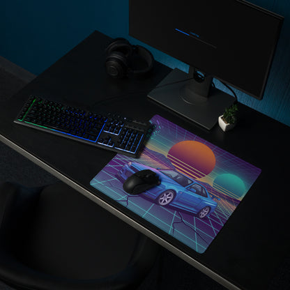 Nissan Skyline GT-R R34 Inspired Blue Vaporwave Gaming Mouse Pad, Neon JDM Sports Car Desk Mat with Retro Futuristic Grid Sunset Art