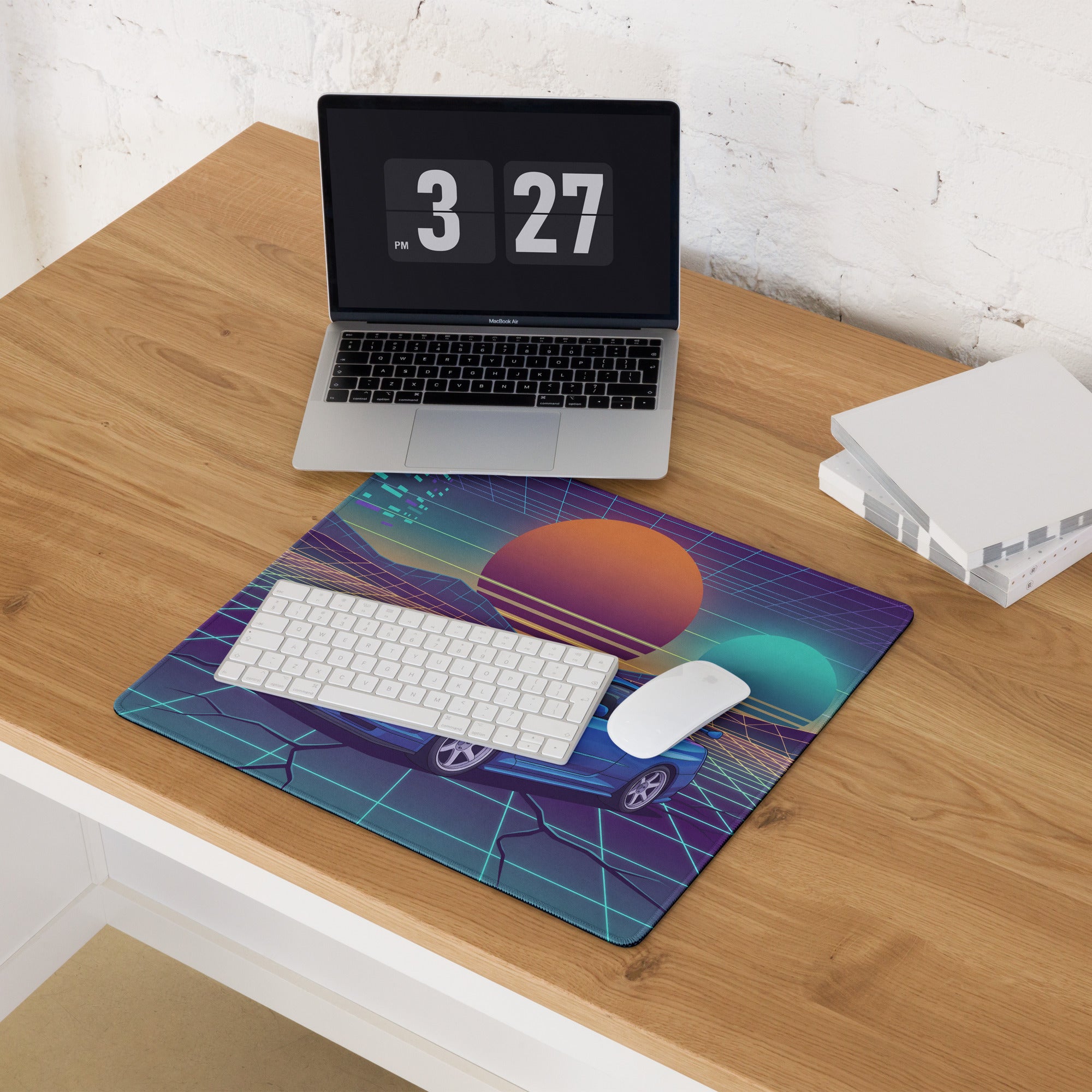 Nissan Skyline GT-R R34 Inspired Blue Vaporwave Gaming Mouse Pad, Neon JDM Sports Car Desk Mat with Retro Futuristic Grid Sunset Art