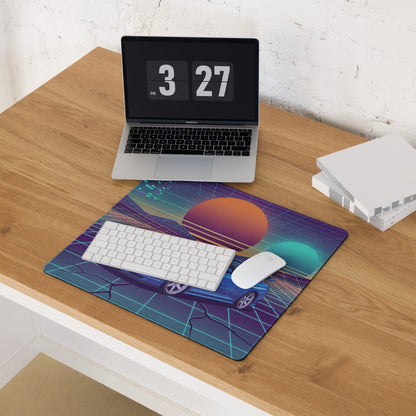 Nissan Skyline GT-R R34 Inspired Blue Vaporwave Gaming Mouse Pad, Neon JDM Sports Car Desk Mat with Retro Futuristic Grid Sunset Art