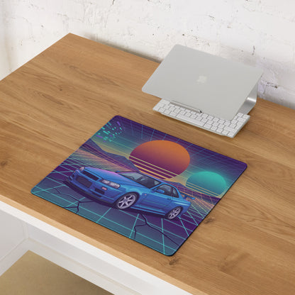 Nissan Skyline GT-R R34 Inspired Blue Vaporwave Gaming Mouse Pad, Neon JDM Sports Car Desk Mat with Retro Futuristic Grid Sunset Art