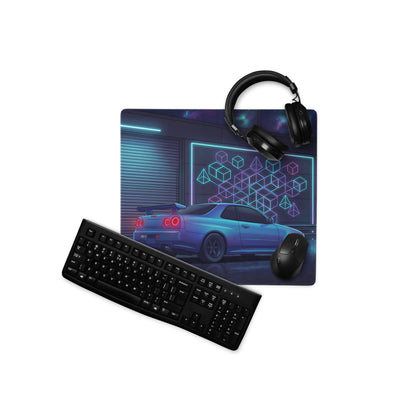 Nissan Skyline GT-R R34 Inspired Blue Vaporwave Gaming Mouse Pad, Neon JDM Sports Car Desk Mat with Cyberpunk Garage and Retro Futuristic Art
