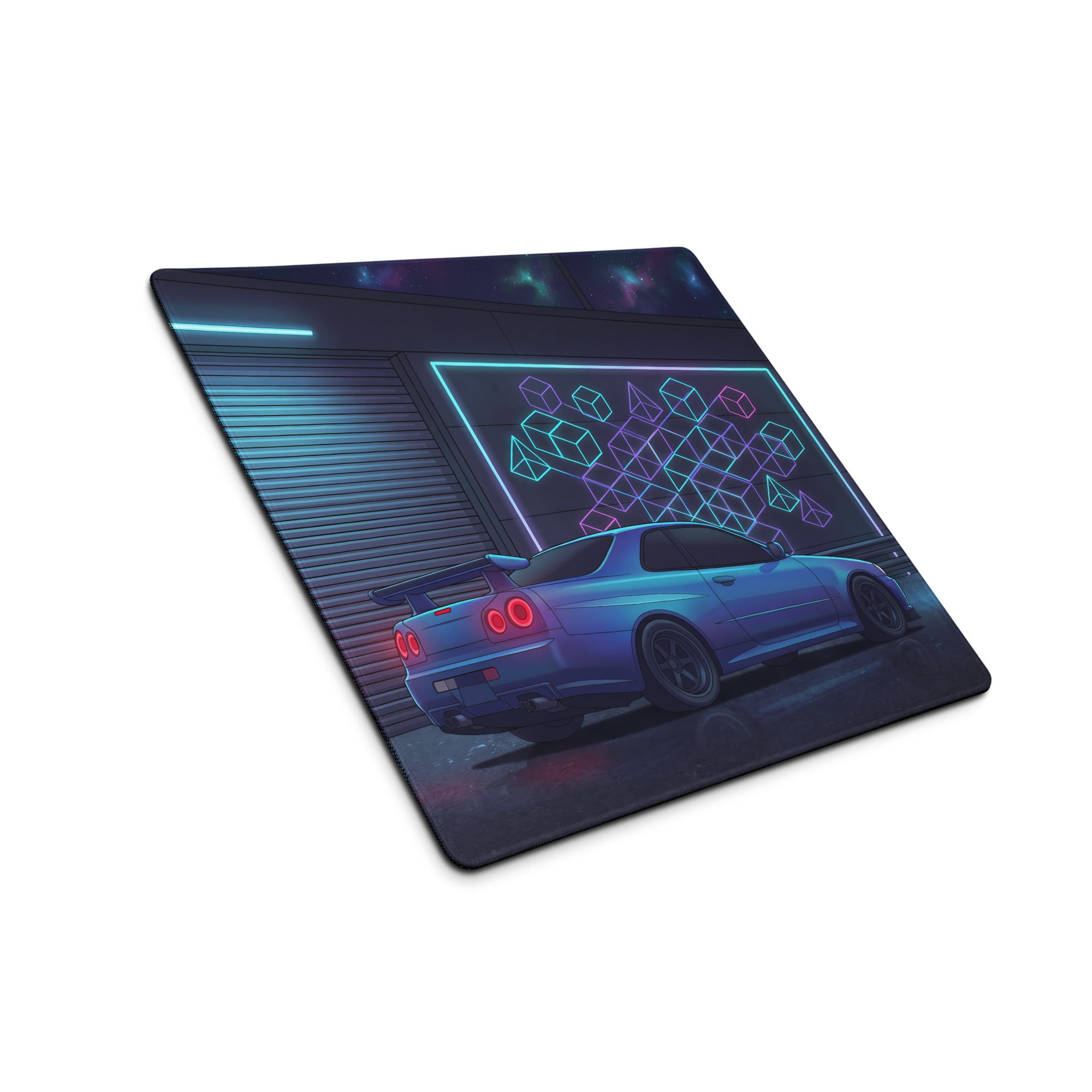 Nissan Skyline GT-R R34 Inspired Blue Vaporwave Gaming Mouse Pad, Neon JDM Sports Car Desk Mat with Cyberpunk Garage and Retro Futuristic Art