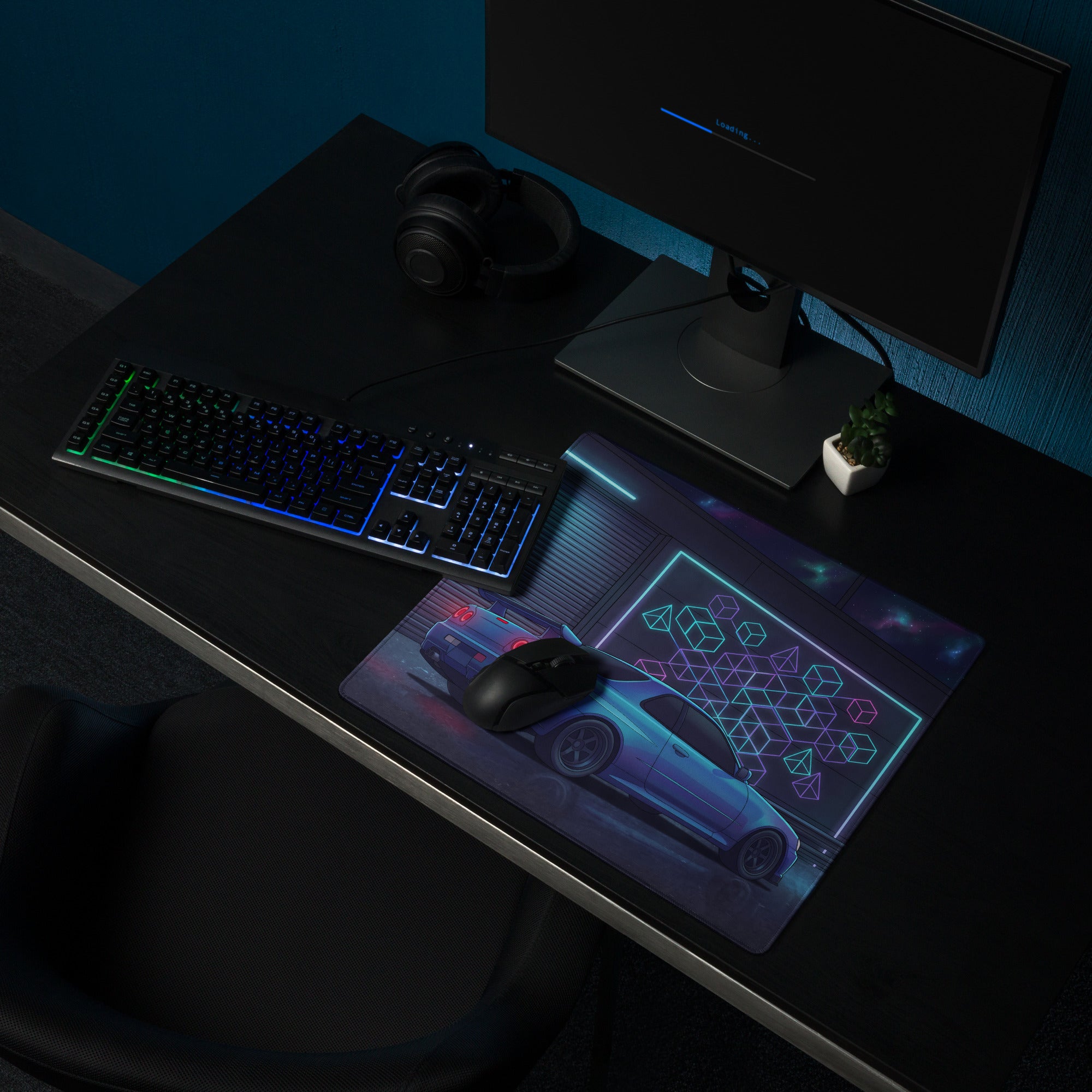 Nissan Skyline GT-R R34 Inspired Blue Vaporwave Gaming Mouse Pad, Neon JDM Sports Car Desk Mat with Cyberpunk Garage and Retro Futuristic Art