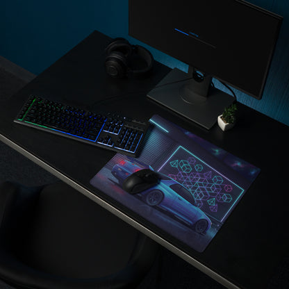 Nissan Skyline GT-R R34 Inspired Blue Vaporwave Gaming Mouse Pad, Neon JDM Sports Car Desk Mat with Cyberpunk Garage and Retro Futuristic Art