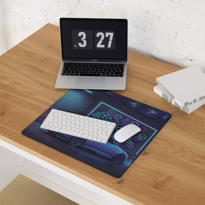 Nissan Skyline GT-R R34 Inspired Blue Vaporwave Gaming Mouse Pad, Neon JDM Sports Car Desk Mat with Cyberpunk Garage and Retro Futuristic Art