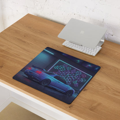 Nissan Skyline GT-R R34 Inspired Blue Vaporwave Gaming Mouse Pad, Neon JDM Sports Car Desk Mat with Cyberpunk Garage and Retro Futuristic Art