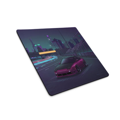 Nissan 180SX S13 Inspired Pink Black Vaporwave Gaming Mouse Pad, Neon JDM Drift Car Desk Mat with Cyberpunk Highway and Retro Futuristic Art