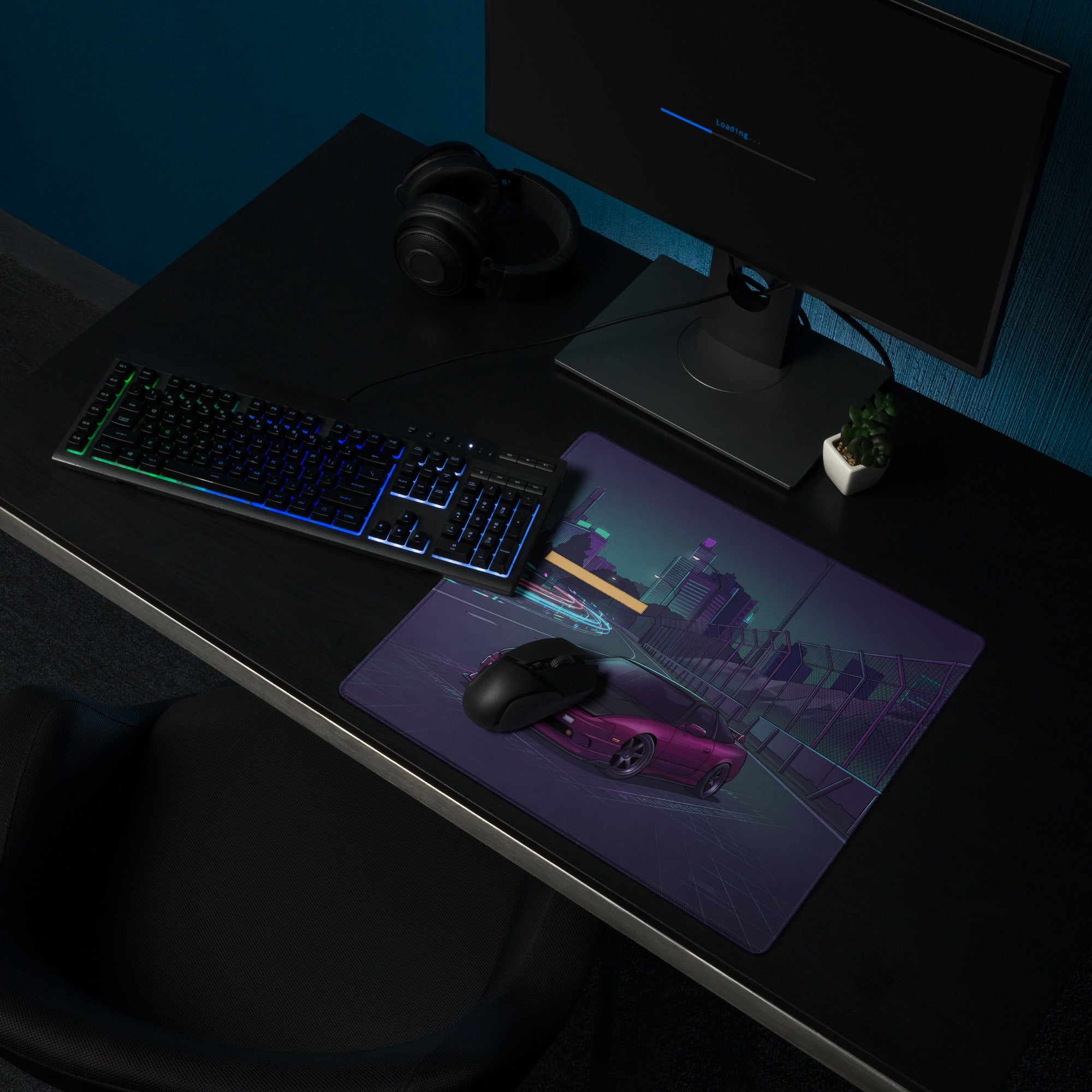 Nissan 180SX S13 Inspired Pink Black Vaporwave Gaming Mouse Pad, Neon JDM Drift Car Desk Mat with Cyberpunk Highway and Retro Futuristic Art