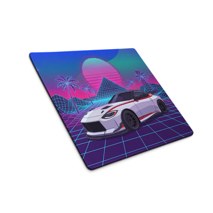 Nissan Z RZ34 Inspired White Red Vaporwave Gaming Mouse Pad, Neon JDM Sports Car Desk Mat with Retro Futuristic Synthwave Grid Art