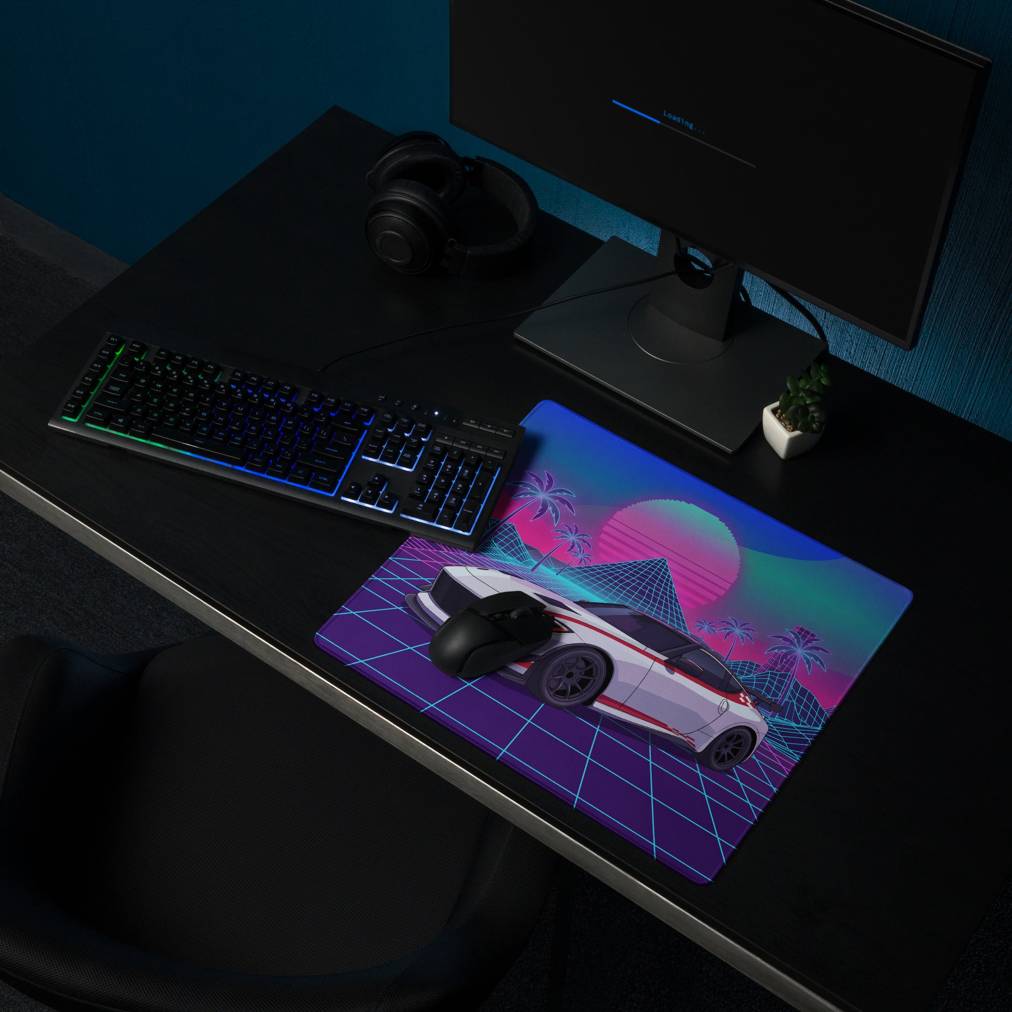 Nissan Z RZ34 Inspired White Red Vaporwave Gaming Mouse Pad, Neon JDM Sports Car Desk Mat with Retro Futuristic Synthwave Grid Art
