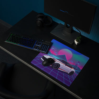 Nissan Z RZ34 Inspired White Red Vaporwave Gaming Mouse Pad, Neon JDM Sports Car Desk Mat with Retro Futuristic Synthwave Grid Art
