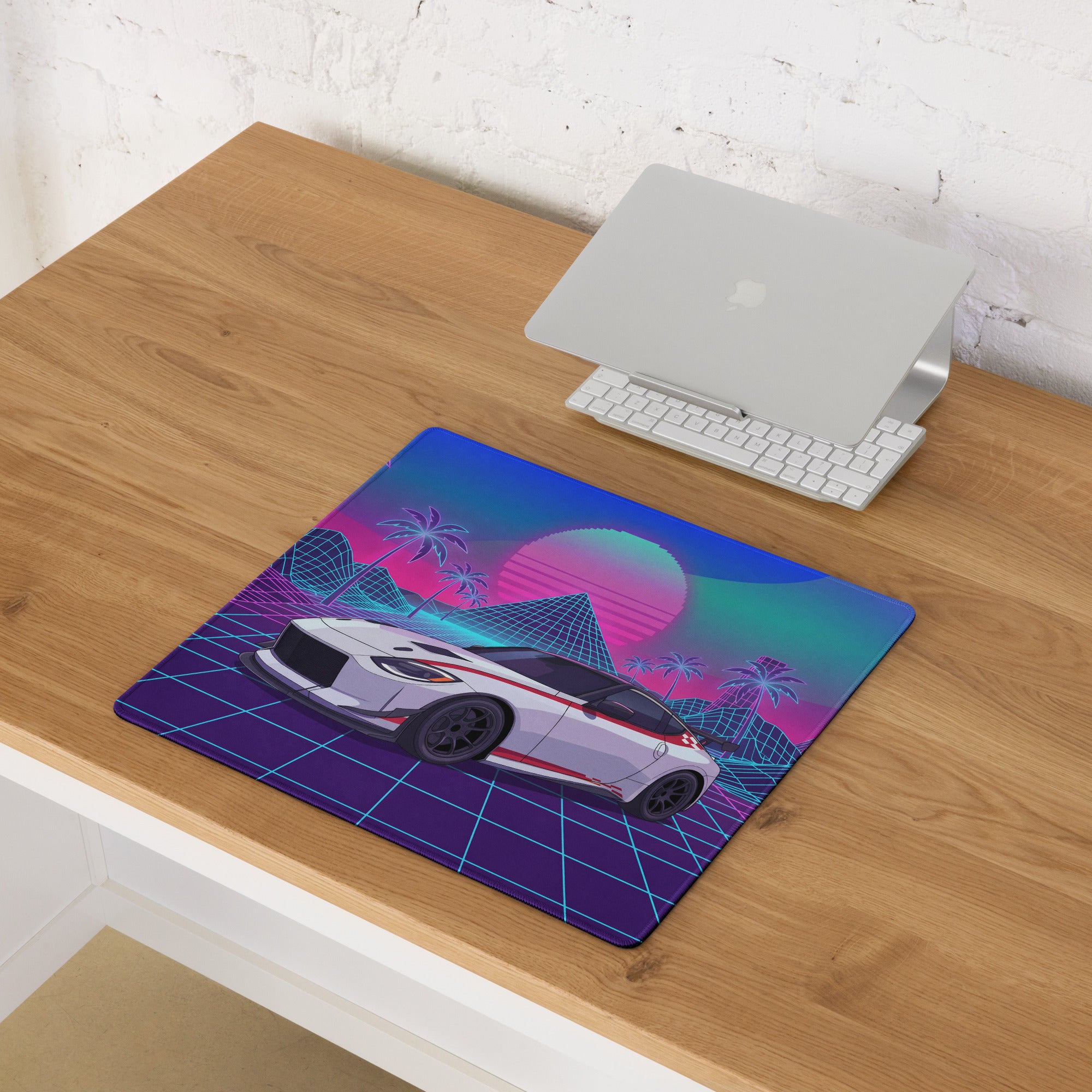 Nissan Z RZ34 Inspired White Red Vaporwave Gaming Mouse Pad, Neon JDM Sports Car Desk Mat with Retro Futuristic Synthwave Grid Art