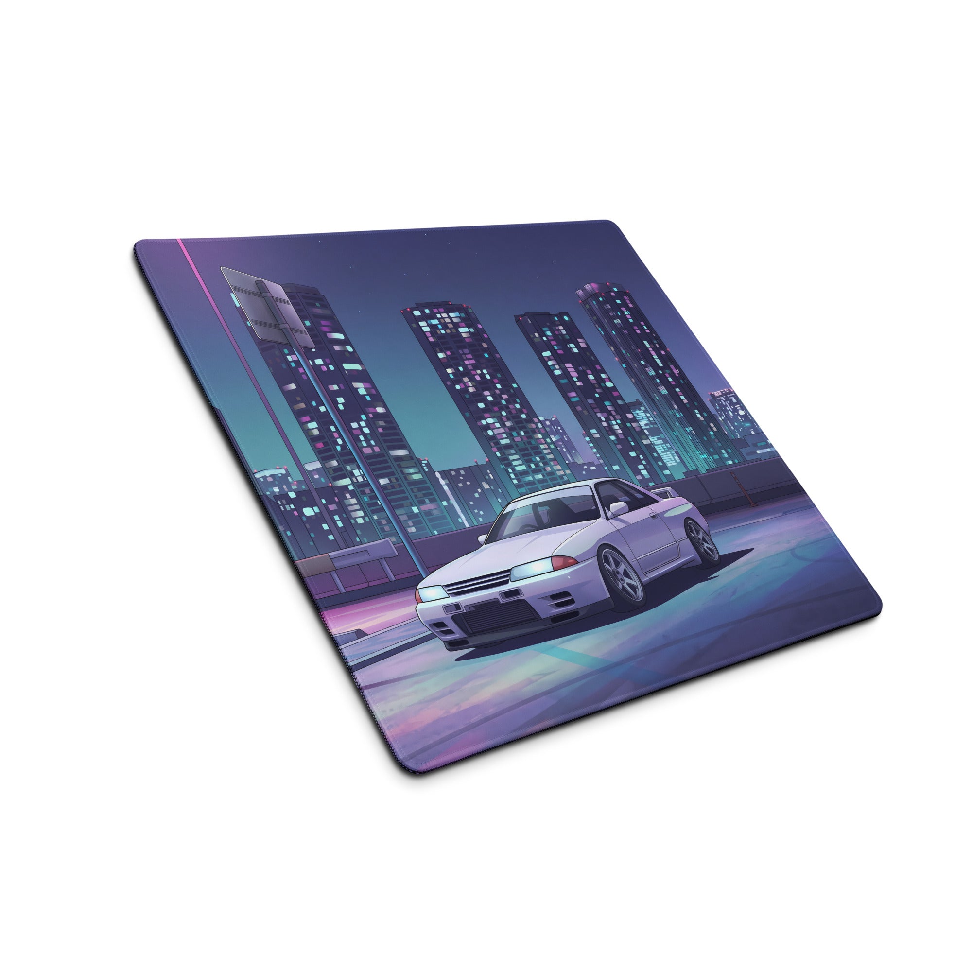 Nissan Skyline GT-R R32 Inspired White Vaporwave Gaming Mouse Pad, Neon JDM Sports Car Desk Mat with Retro Futuristic Cyberpunk City Art