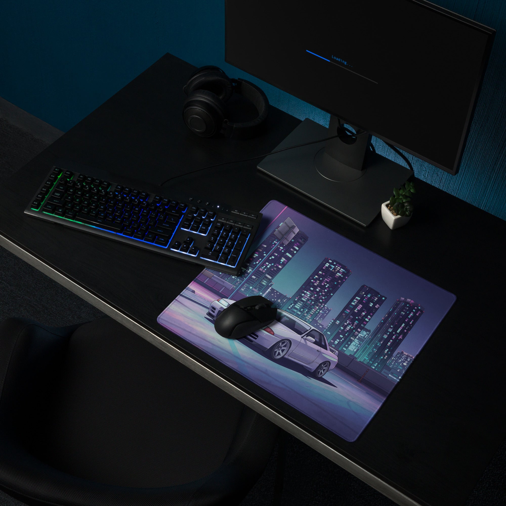Nissan Skyline GT-R R32 Inspired White Vaporwave Gaming Mouse Pad, Neon JDM Sports Car Desk Mat with Retro Futuristic Cyberpunk City Art