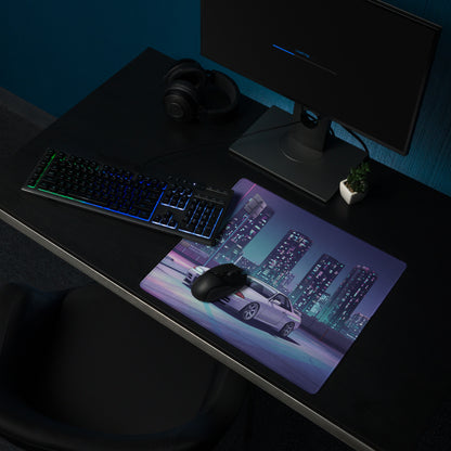 Nissan Skyline GT-R R32 Inspired White Vaporwave Gaming Mouse Pad, Neon JDM Sports Car Desk Mat with Retro Futuristic Cyberpunk City Art