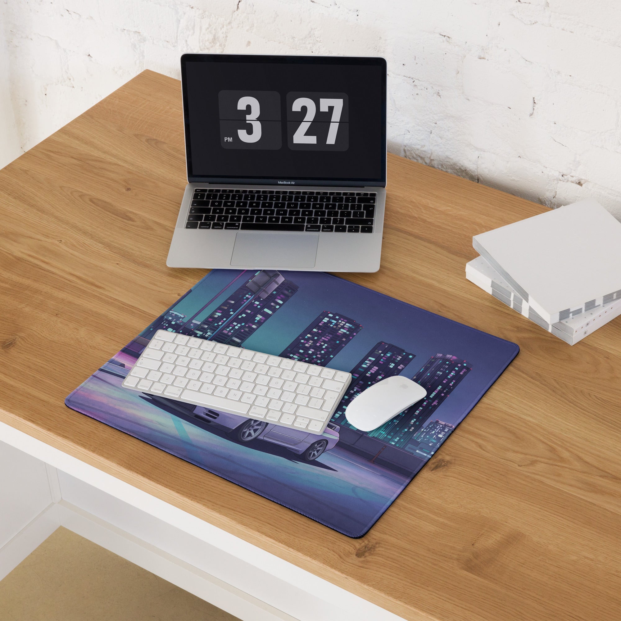 Nissan Skyline GT-R R32 Inspired White Vaporwave Gaming Mouse Pad, Neon JDM Sports Car Desk Mat with Retro Futuristic Cyberpunk City Art