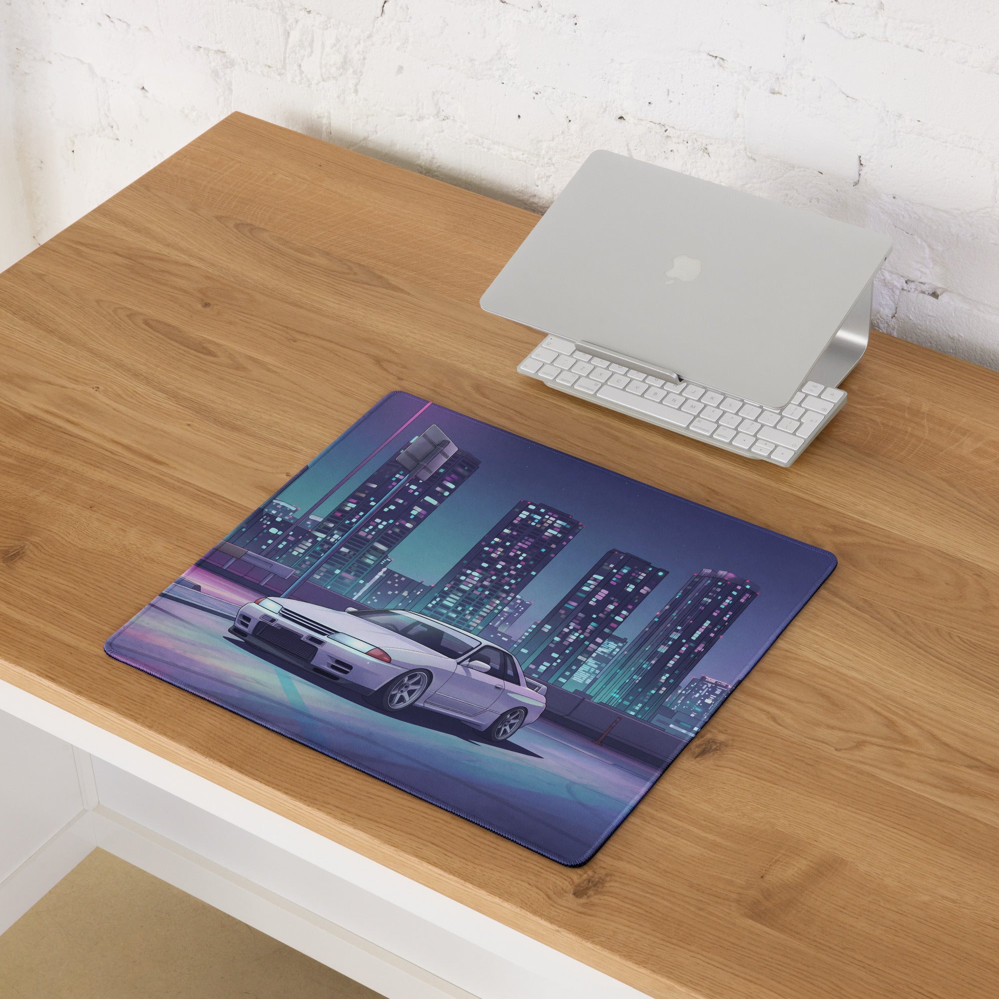 Nissan Skyline GT-R R32 Inspired White Vaporwave Gaming Mouse Pad, Neon JDM Sports Car Desk Mat with Retro Futuristic Cyberpunk City Art