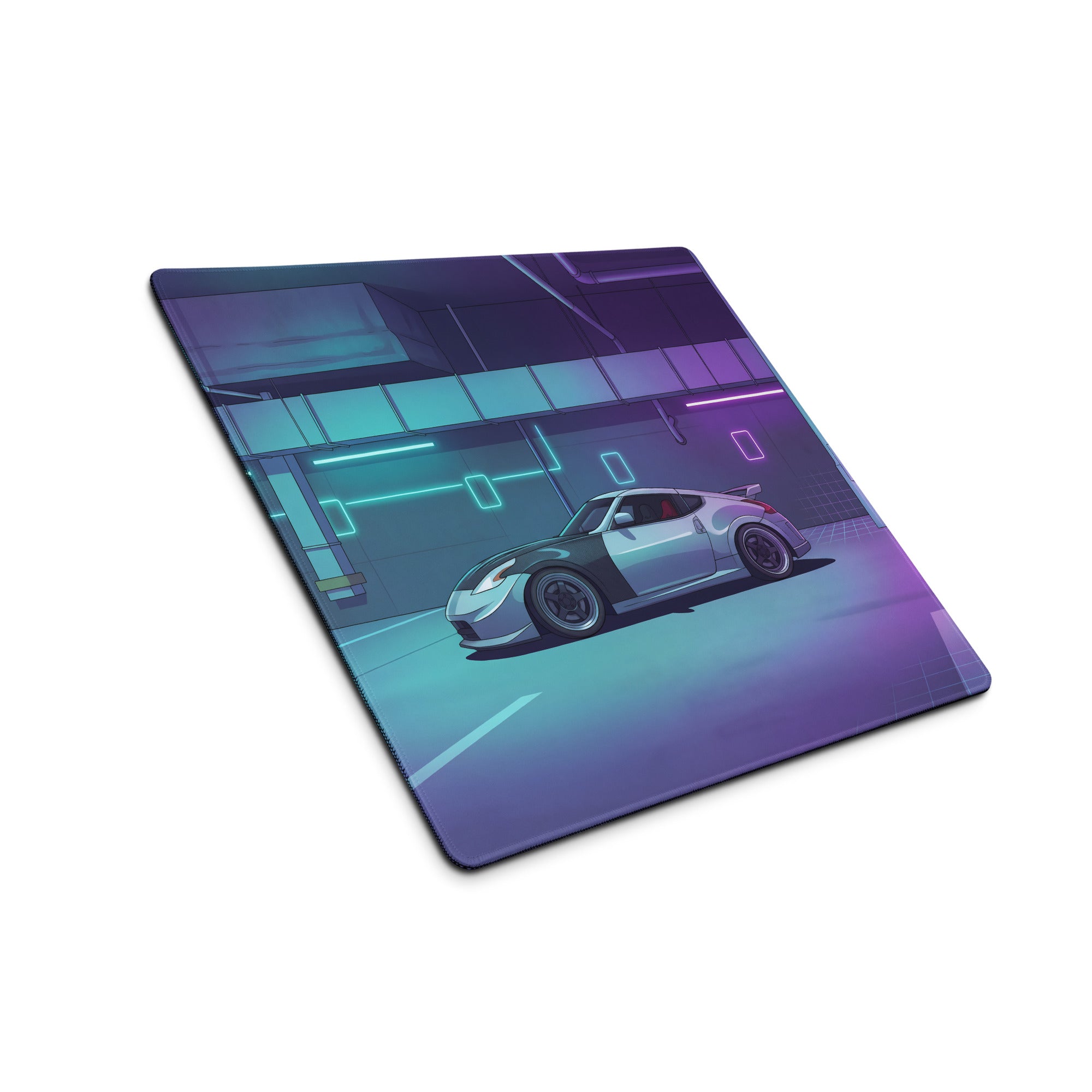 Nissan 370Z Inspired White Vaporwave Gaming Mouse Pad, Neon JDM Sports Car Desk Mat with Cyberpunk Garage Art and Retro Futuristic Style