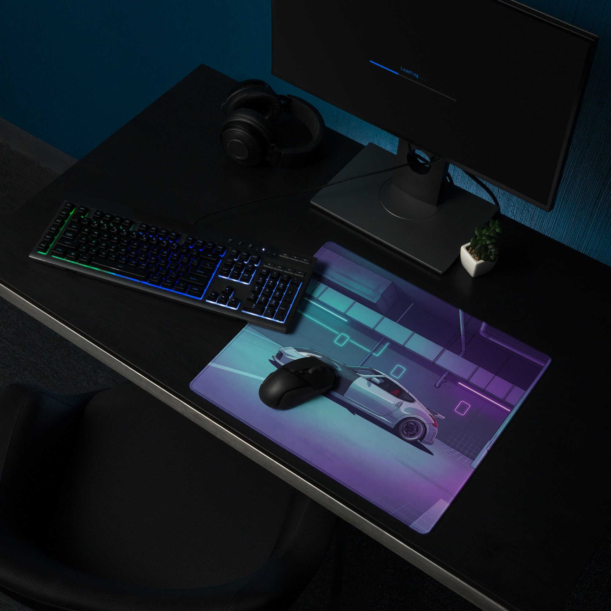 Nissan 370Z Inspired White Vaporwave Gaming Mouse Pad, Neon JDM Sports Car Desk Mat with Cyberpunk Garage Art and Retro Futuristic Style