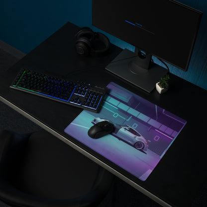 Nissan 370Z Inspired White Vaporwave Gaming Mouse Pad, Neon JDM Sports Car Desk Mat with Cyberpunk Garage Art and Retro Futuristic Style