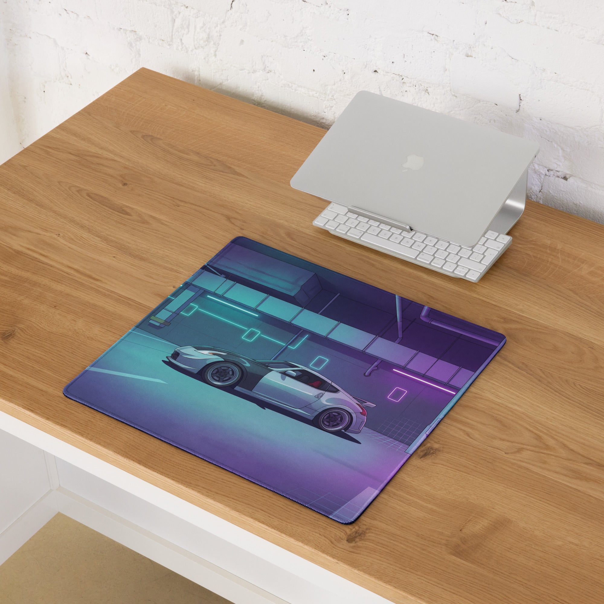 Nissan 370Z Inspired White Vaporwave Gaming Mouse Pad, Neon JDM Sports Car Desk Mat with Cyberpunk Garage Art and Retro Futuristic Style