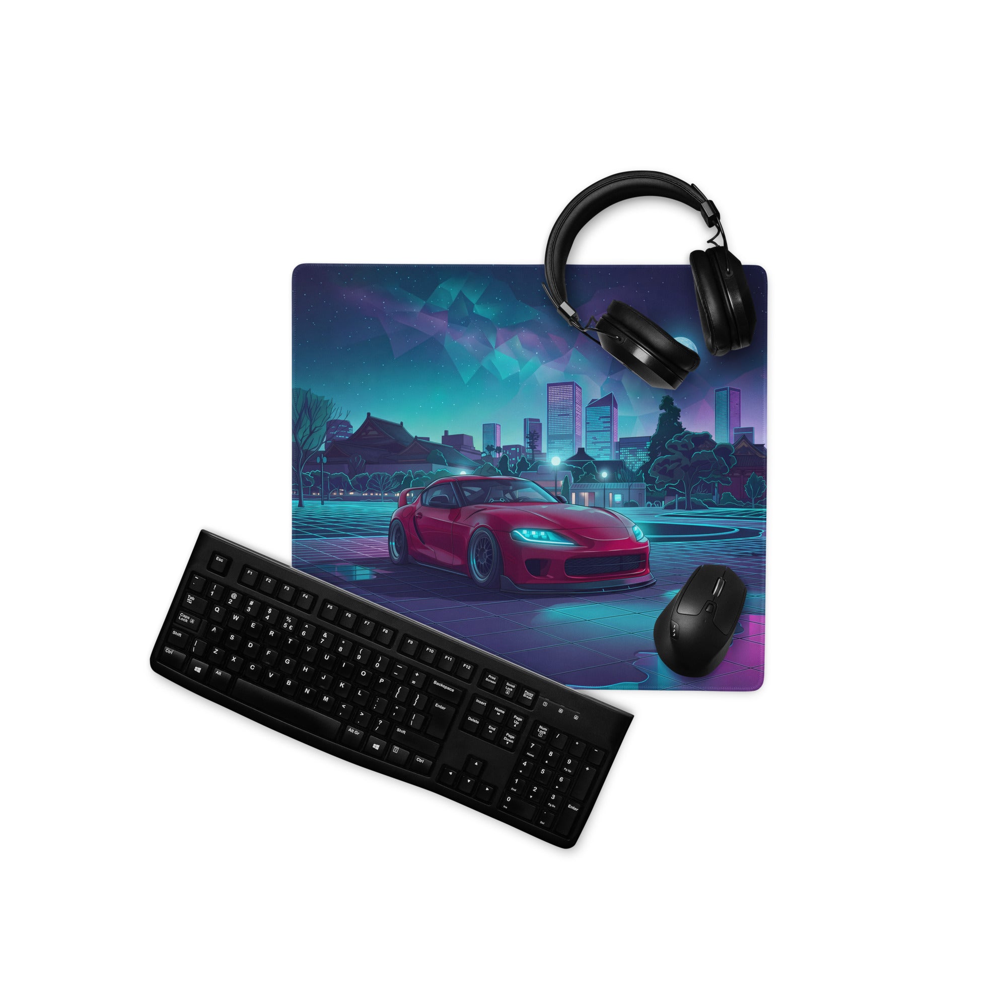 Mk5 Toyota Supra Inspired Red Vaporwave Gaming Mouse Pad, Neon JDM Sports Car Desk Mat with Cyberpunk Japanese Cityscape and Retro Futuristic Art