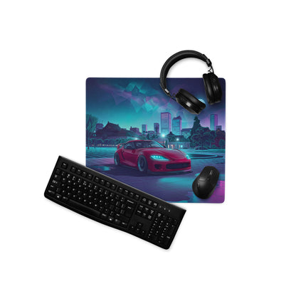 Mk5 Toyota Supra Inspired Red Vaporwave Gaming Mouse Pad, Neon JDM Sports Car Desk Mat with Cyberpunk Japanese Cityscape and Retro Futuristic Art