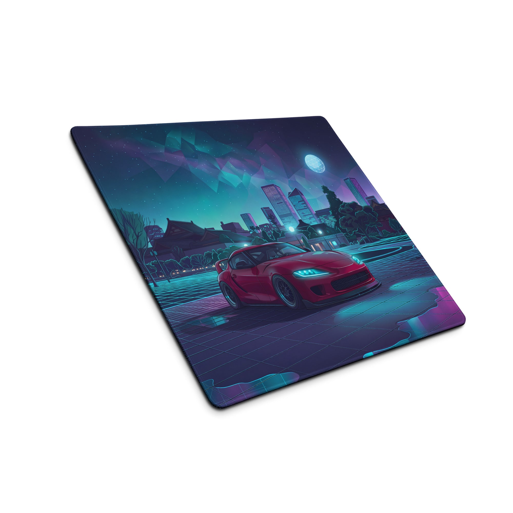 Mk5 Toyota Supra Inspired Red Vaporwave Gaming Mouse Pad, Neon JDM Sports Car Desk Mat with Cyberpunk Japanese Cityscape and Retro Futuristic Art